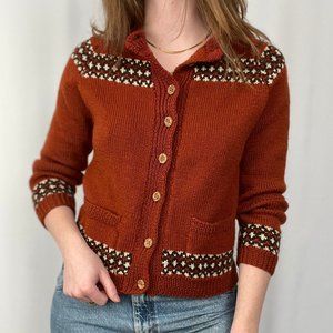 Vintage Hand Knit Fair Isle Cardigan Sweater Rustic Fall Burnt Orange Terracotta